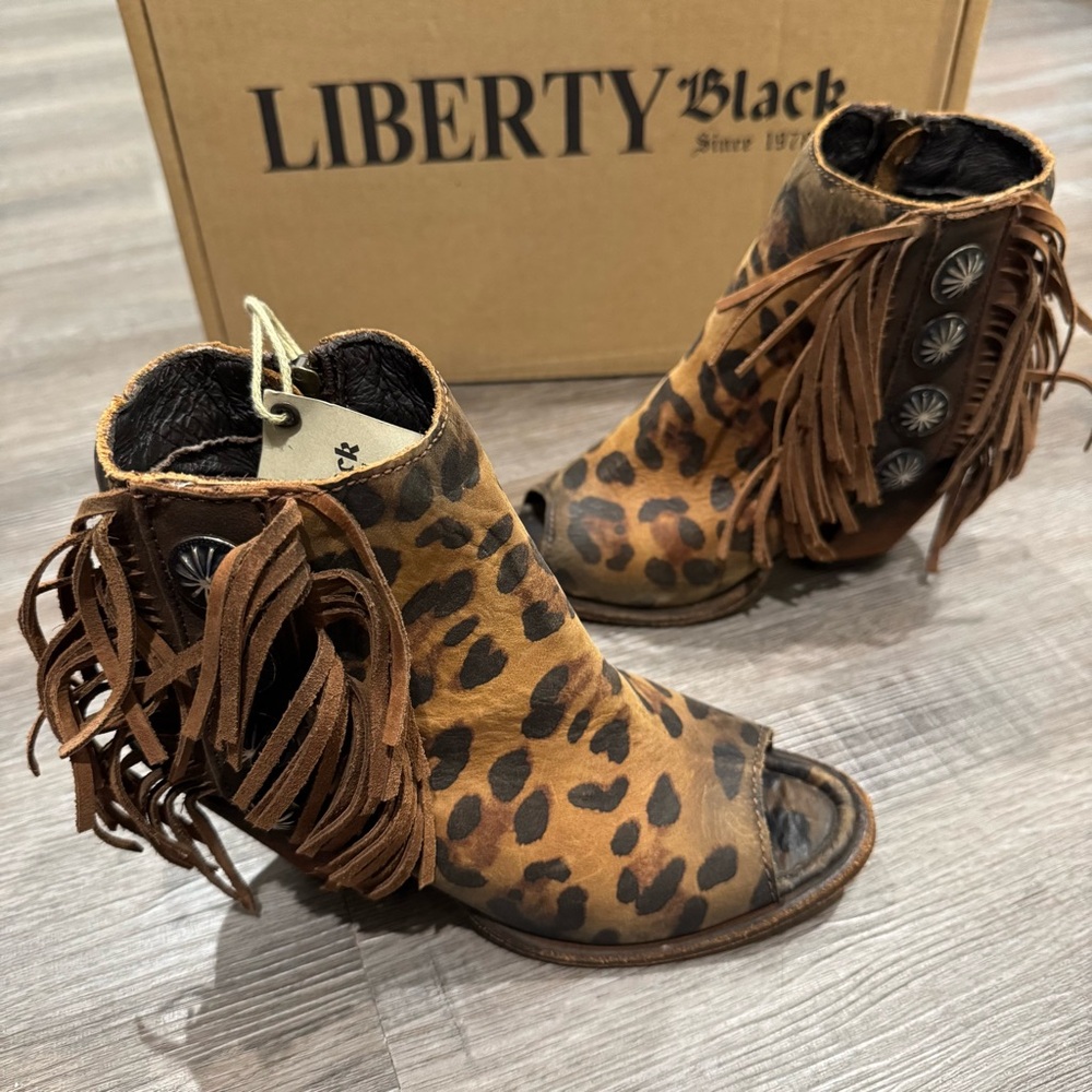 Liberty Chita Miel Concho Fringe Peep Black Leopard Stone Washed Boots Booties